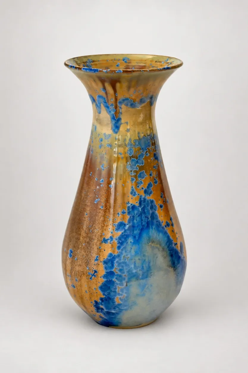 A tall baluster vase with a flared rim, amber ground with cobalt-blue crystalline runs down the body