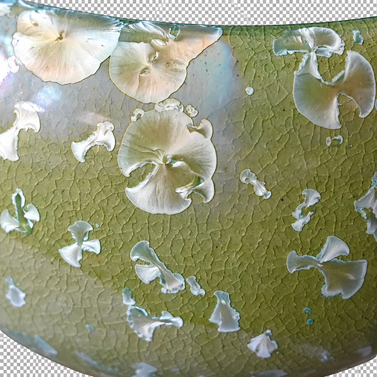 Close view of the crystal blooms opening across a finely crazed green ground