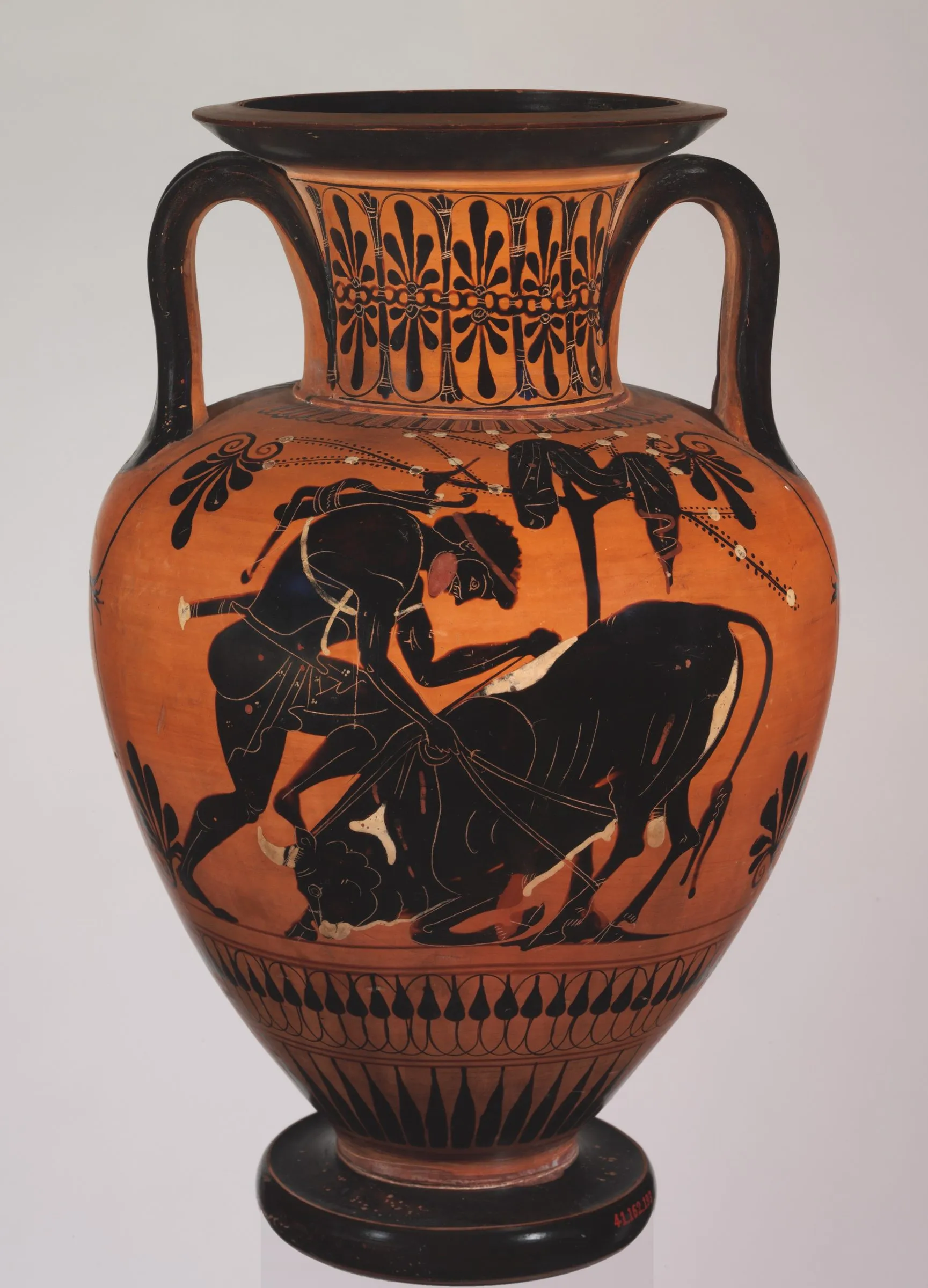 A black-figure Greek amphora: a disc foot, a swelling body painted with Herakles wrestling a bull, a hard shoulder, a straight neck banded with palmettes, a flaring lip, and two arching handles.